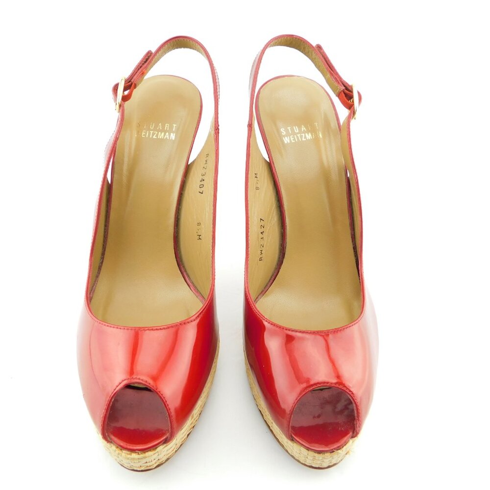 STUART WEITZMAN Red Patent Leather Peep Toe Raffia Platform Heel Sling Pumps 8.5